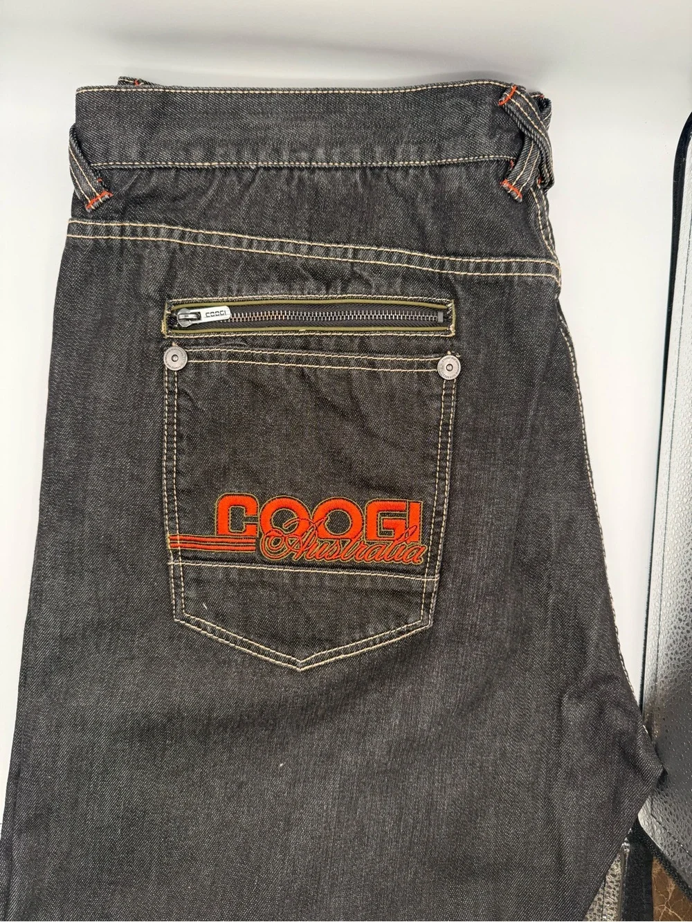 Vintage COOGI Black Denim Orange Embroidered Spell Out Baggy Hip Hop Jeans